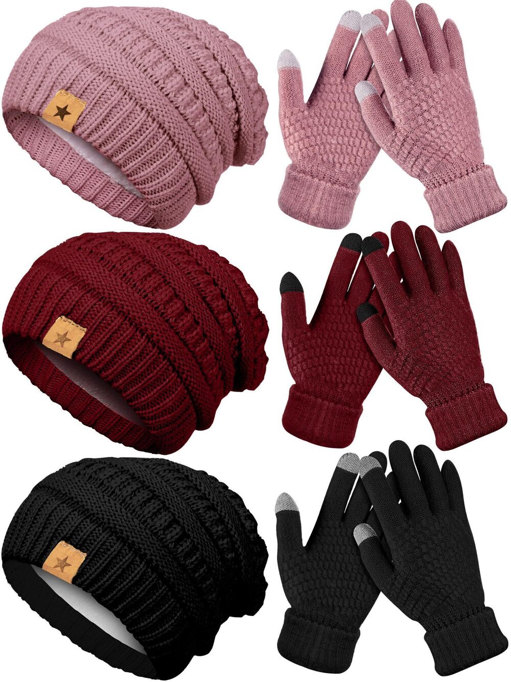 5209 6 Pcs Winter Beanie Hat Gloves Set 3 Pcs Warm Knitted Hats and 3 Pairs